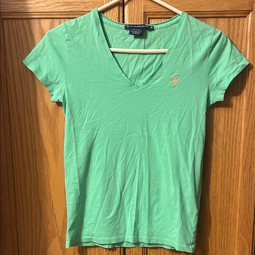 Ralph Lauren Short Sleeve V-Neck Tee in Mint Green with Peach Pony